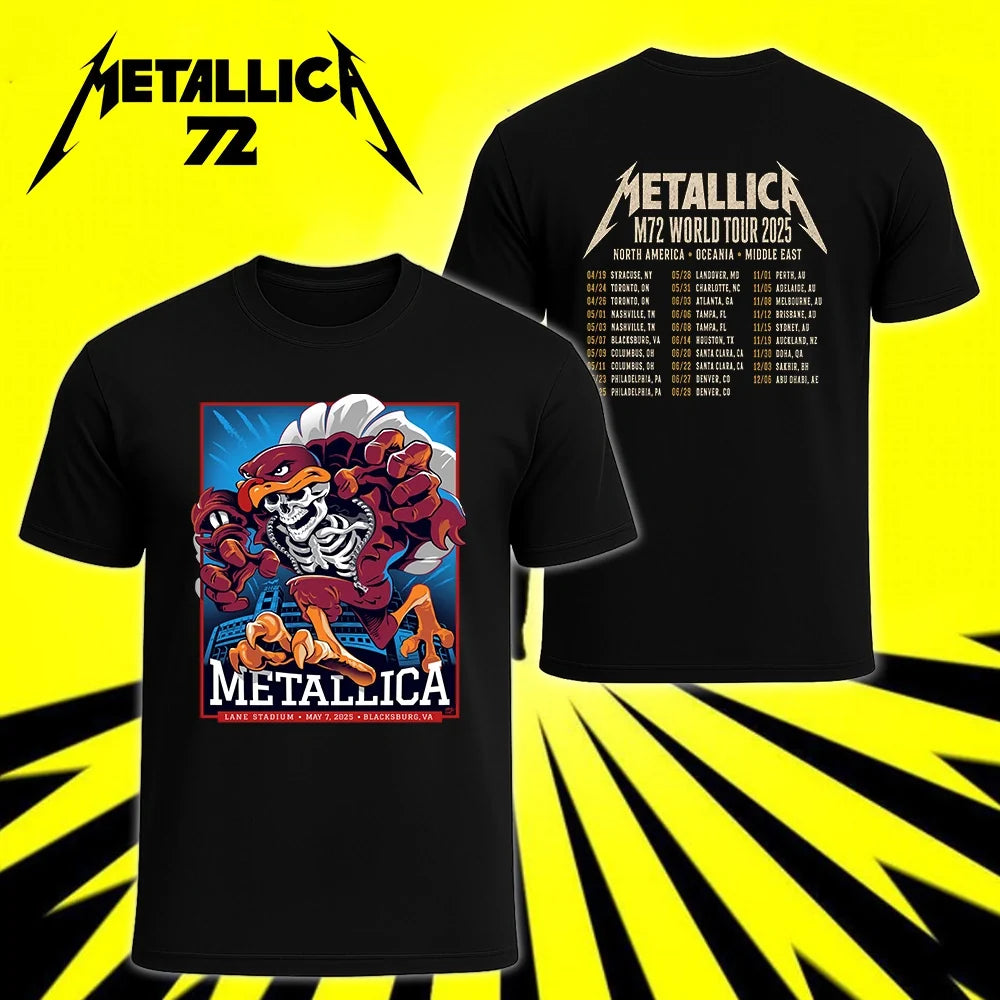 Metallica M72 World Tour May 7 2025 Lane Stadium Blacksburg Virginia United States 2 side T-shirt by Moe Dime featuring a charging bird mascot creature with a skeleton chest, sharp talons, stadium backdrop and M72 tour back print.